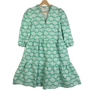 Boden Esme Linen Green White Fan Print Tiered Mini Dress UK 10 US 6